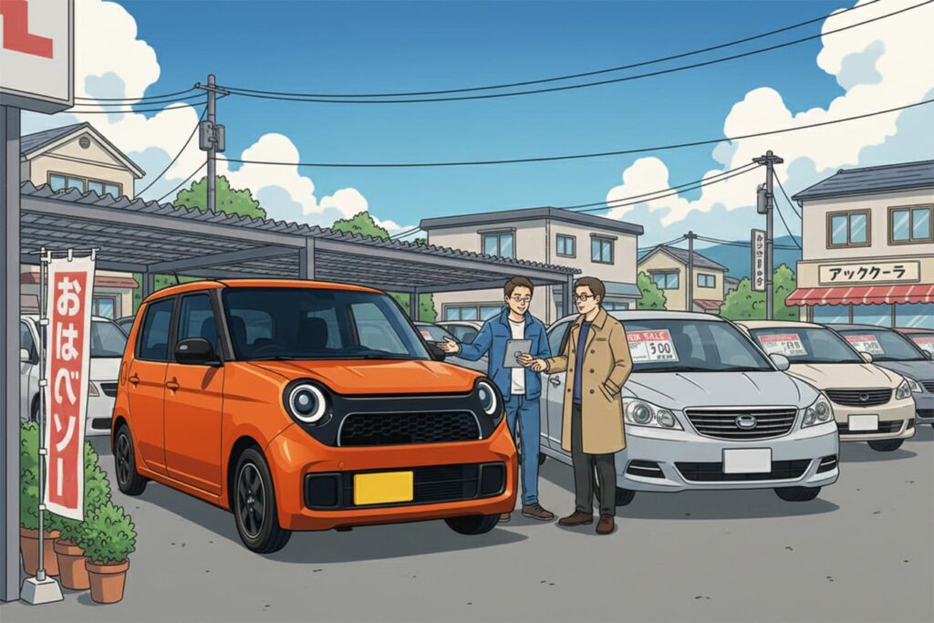 車販売店でN-ONE RSを見ている男性